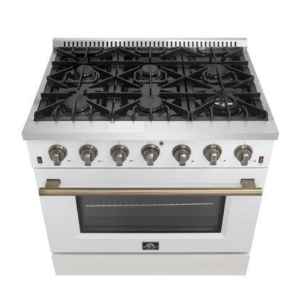 Cuisinière à gaz autonome Forno Galiano de 36 pouces, blanche, design en laiton antique, 6 brûleurs, 83 000 BTU, four à convection de 5,36 pi³