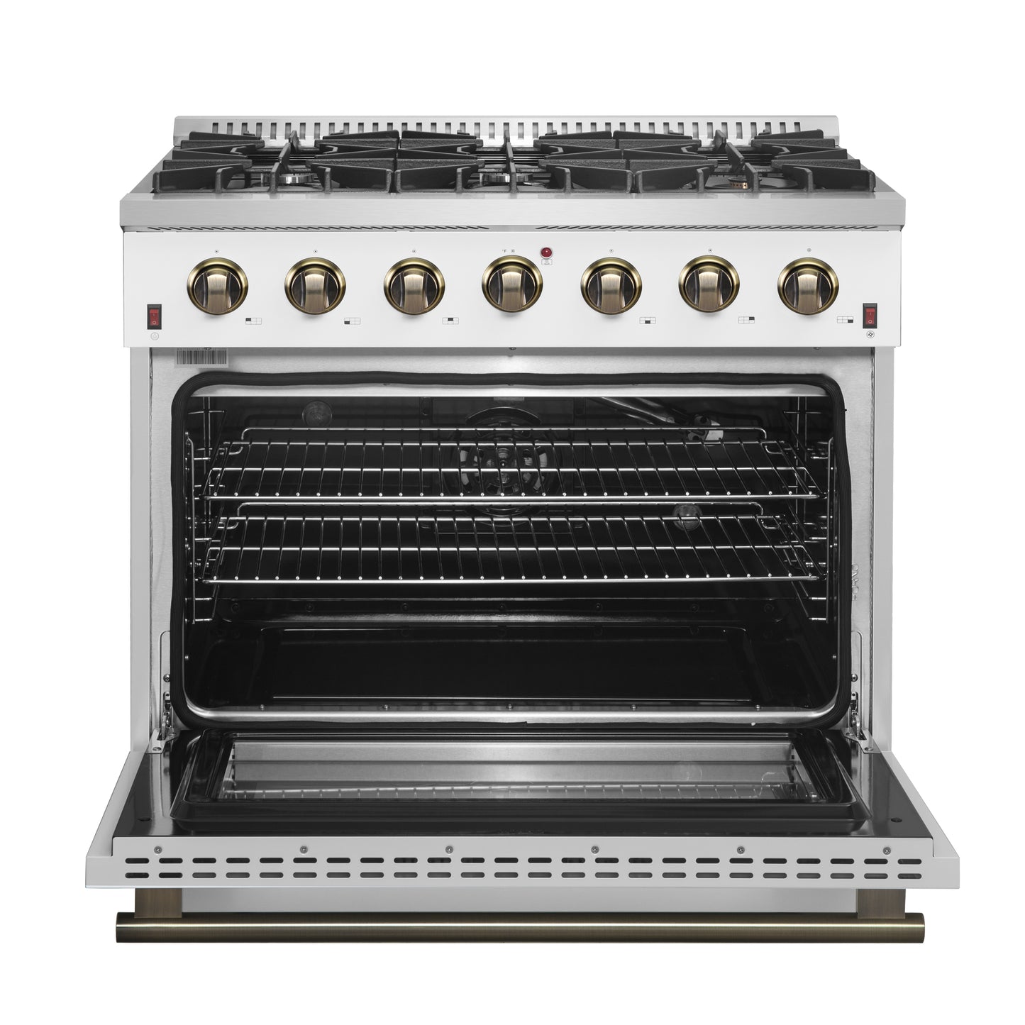 Cuisinière à gaz autonome Forno Galiano de 36 pouces, blanche, design en laiton antique, 6 brûleurs, 83 000 BTU, four à convection de 5,36 pi³