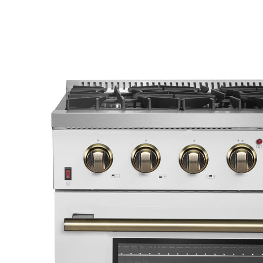 Cocina a gas independiente Forno Galiano de 91 cm en blanco con diseño de latón antiguo, 6 quemadores, 83 000 BTU, horno de convección de 1,6 m³