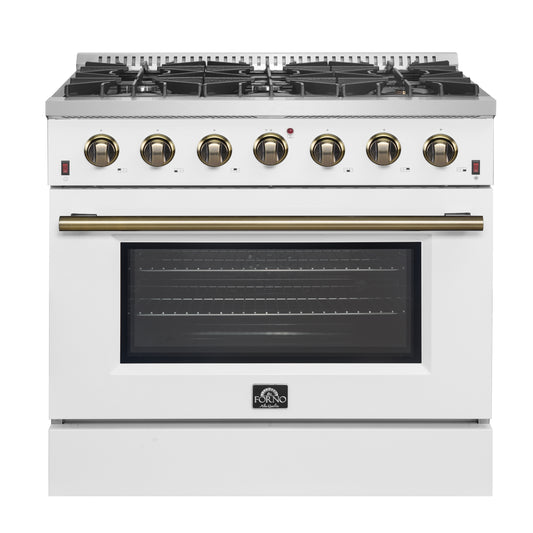 Cuisinière à gaz autonome Forno Galiano de 36 pouces, blanche, design en laiton antique, 6 brûleurs, 83 000 BTU, four à convection de 5,36 pi³