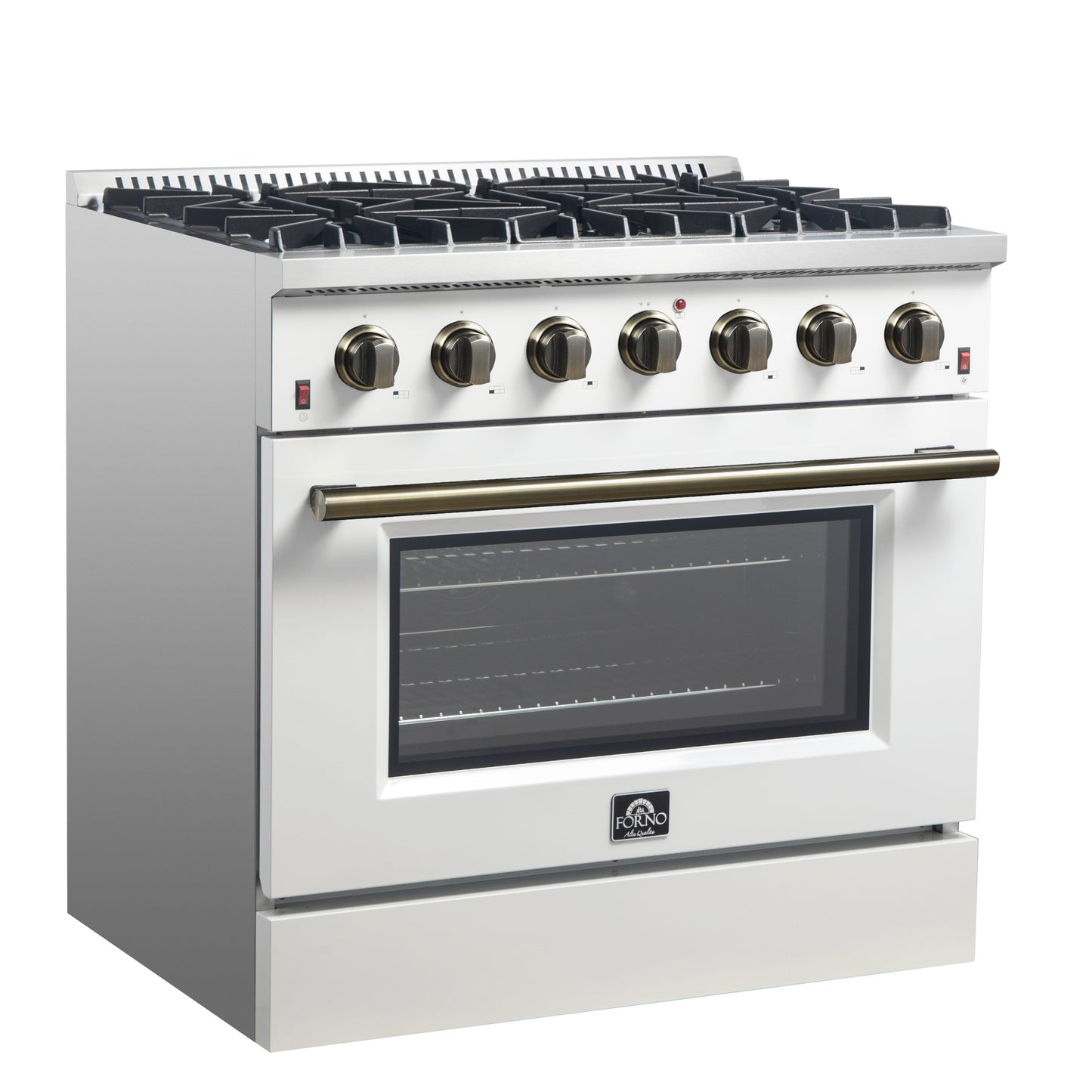 Cuisinière à gaz autonome Forno Galiano de 36 pouces, blanche, design en laiton antique, 6 brûleurs, 83 000 BTU, four à convection de 5,36 pi³