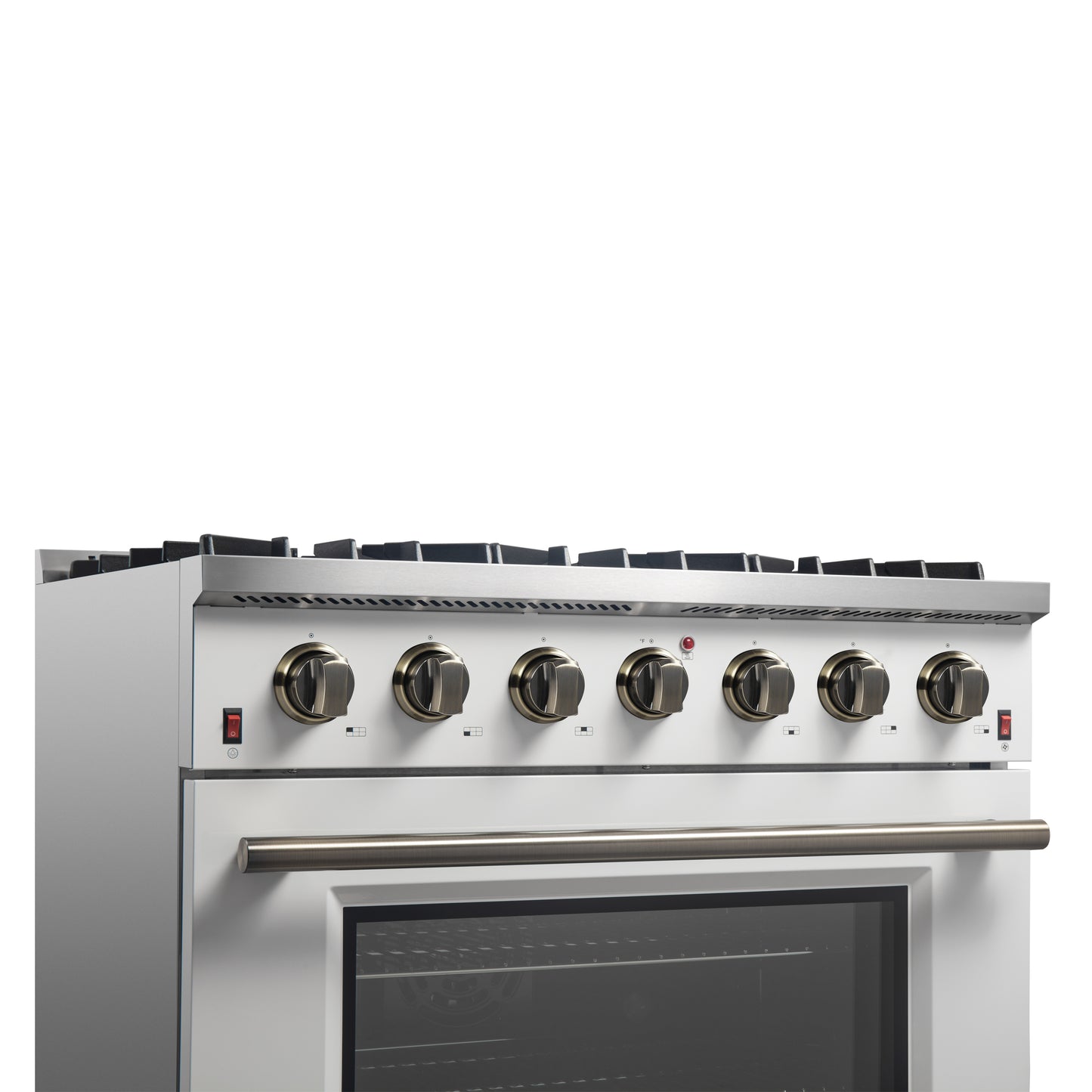 Cuisinière à gaz autonome Forno Galiano de 36 pouces, blanche, design en laiton antique, 6 brûleurs, 83 000 BTU, four à convection de 5,36 pi³