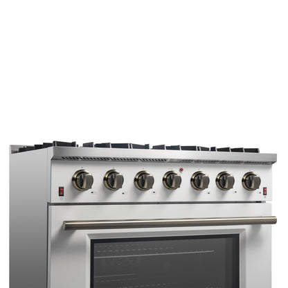 Cuisinière à gaz autonome Forno Galiano de 36 pouces, blanche, design en laiton antique, 6 brûleurs, 83 000 BTU, four à convection de 5,36 pi³