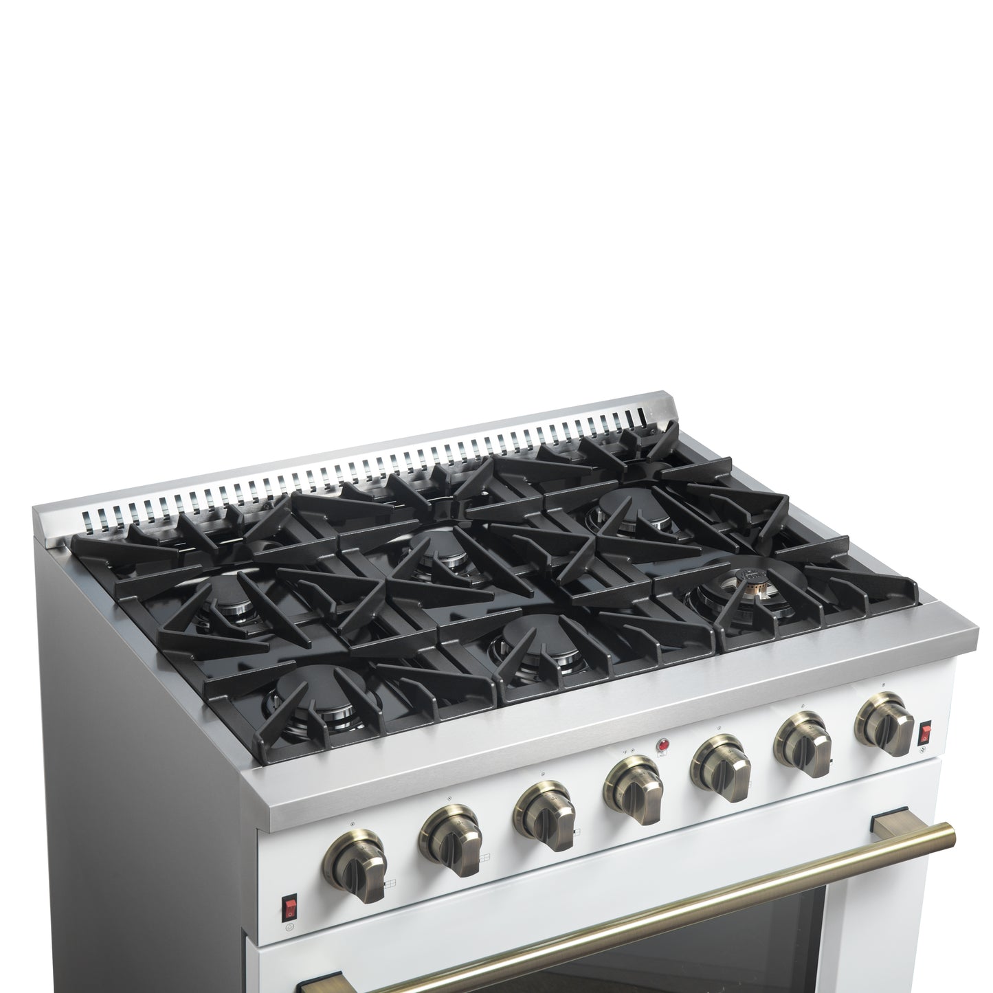 Cuisinière à gaz autonome Forno Galiano de 36 pouces, blanche, design en laiton antique, 6 brûleurs, 83 000 BTU, four à convection de 5,36 pi³