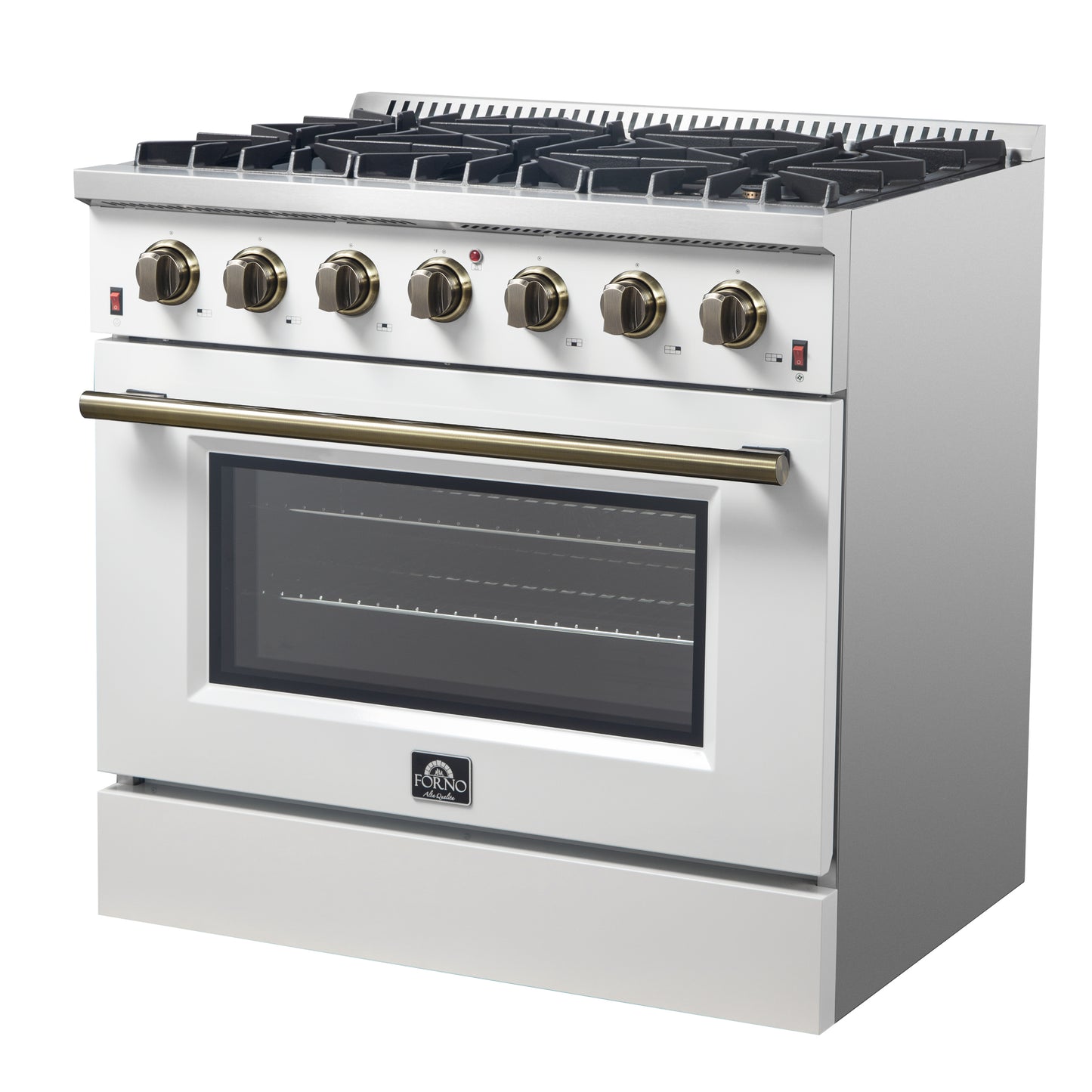 Cuisinière à gaz autonome Forno Galiano de 36 pouces, blanche, design en laiton antique, 6 brûleurs, 83 000 BTU, four à convection de 5,36 pi³