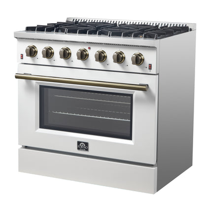 Cuisinière à gaz autonome Forno Galiano de 36 pouces, blanche, design en laiton antique, 6 brûleurs, 83 000 BTU, four à convection de 5,36 pi³
