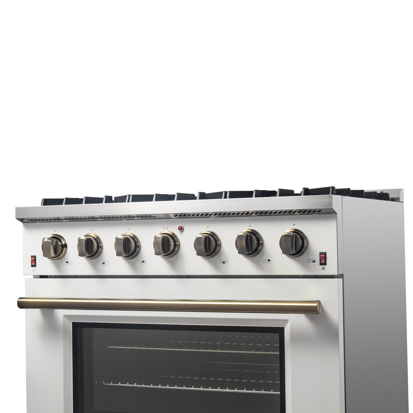 Cuisinière à gaz autonome Forno Galiano de 36 pouces, blanche, design en laiton antique, 6 brûleurs, 83 000 BTU, four à convection de 5,36 pi³