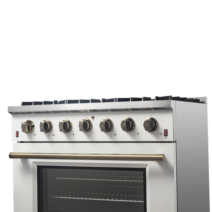 Cuisinière à gaz autonome Forno Galiano de 36 pouces, blanche, design en laiton antique, 6 brûleurs, 83 000 BTU, four à convection de 5,36 pi³