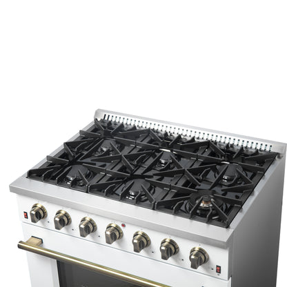 Cuisinière à gaz autonome Forno Galiano de 36 pouces, blanche, design en laiton antique, 6 brûleurs, 83 000 BTU, four à convection de 5,36 pi³