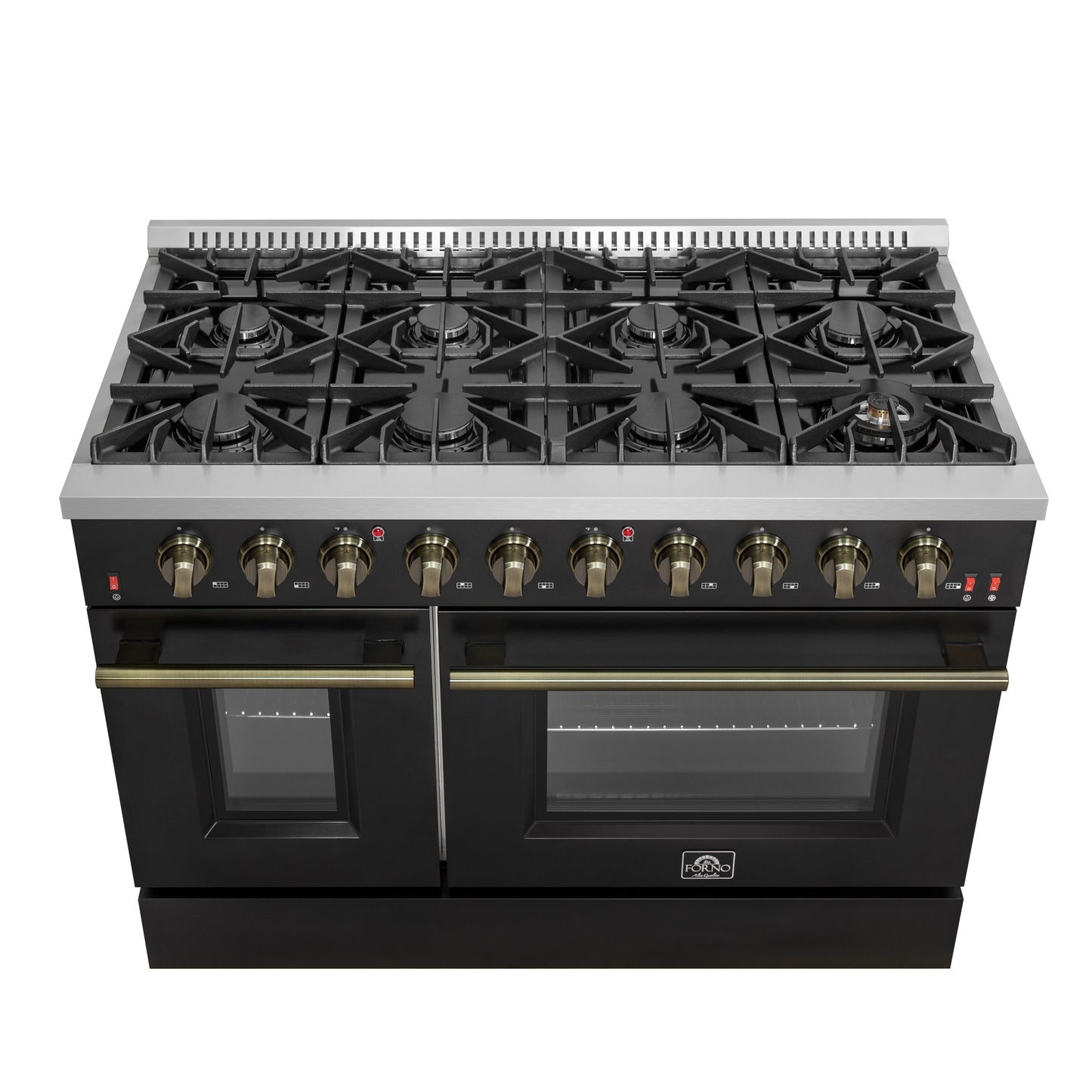 Cuisinière à gaz FORNO Galiano de 48 pouces, design noir et laiton antique, 8 brûleurs, 107 000 BTU, plaque chauffante, fours doubles de 6,58 pi³