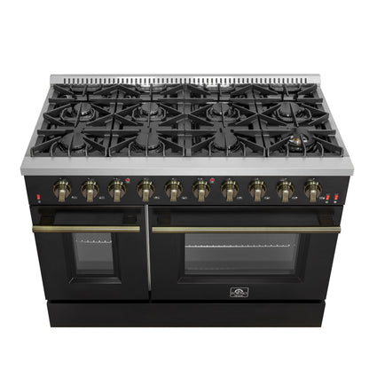 Cuisinière à gaz FORNO Galiano de 48 pouces, design noir et laiton antique, 8 brûleurs, 107 000 BTU, plaque chauffante, fours doubles de 6,58 pi³