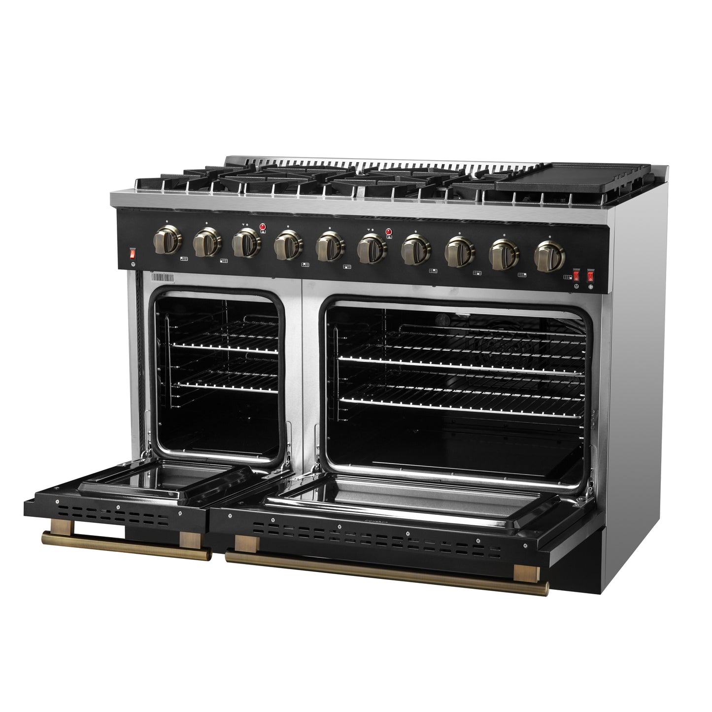 Cuisinière à gaz FORNO Galiano de 48 pouces, design noir et laiton antique, 8 brûleurs, 107 000 BTU, plaque chauffante, fours doubles de 6,58 pi³
