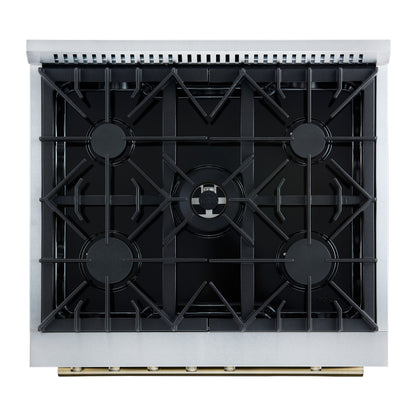 Cuisinière à gaz Giovanni de 30 pouces, design noir et laiton antique, 5 brûleurs, 67 000 BTU, four à convection de 4,32 pi³