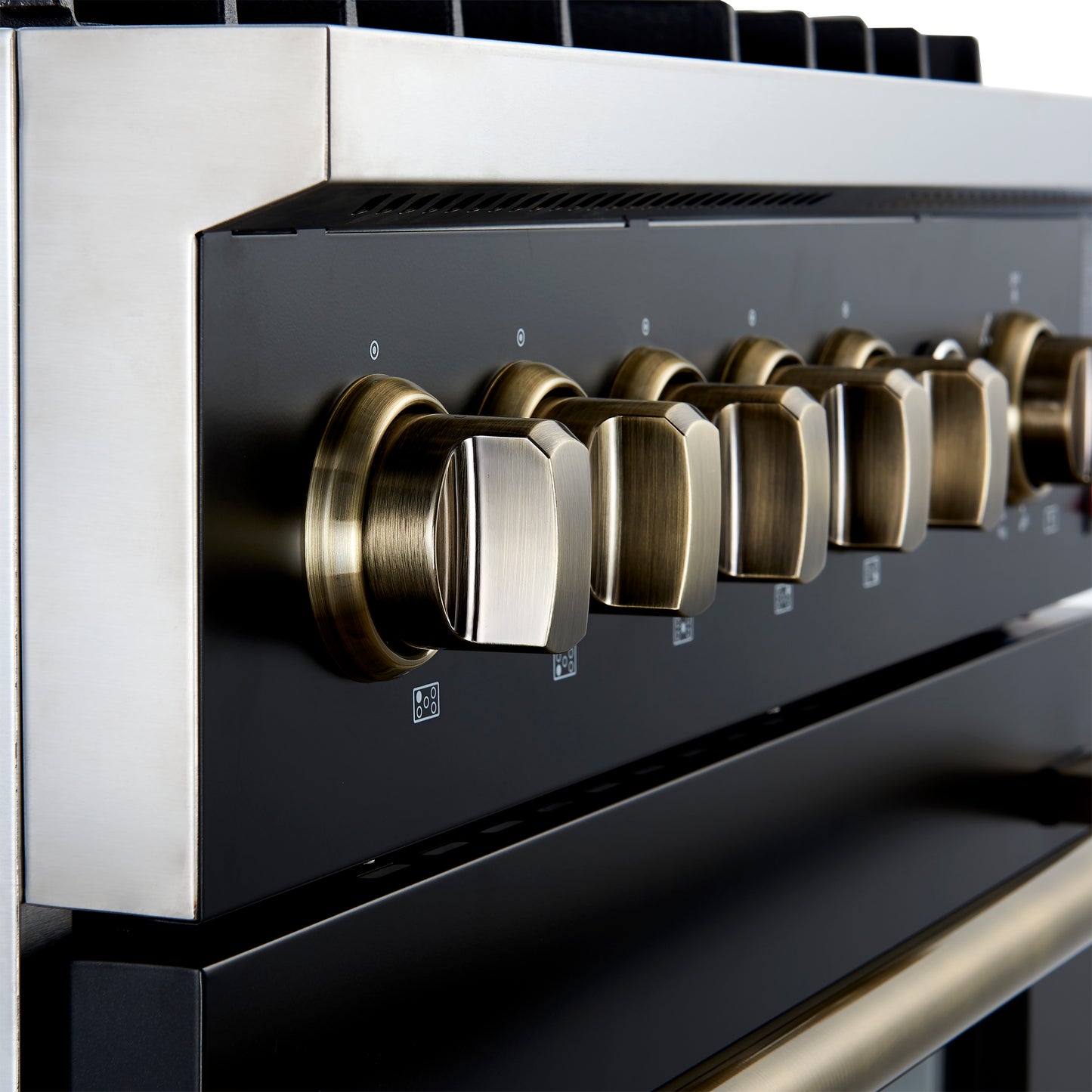 Cuisinière à gaz Giovanni de 30 pouces, design noir et laiton antique, 5 brûleurs, 67 000 BTU, four à convection de 4,32 pi³