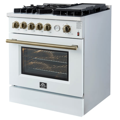 Cocina a gas Giovanni de 30 pulgadas, diseño blanco y latón antiguo, 5 quemadores, 67,000 BTU, horno de convección de 4.32 pies cúbicos