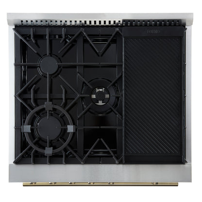 Cocina a gas Giovanni de 30 pulgadas, diseño blanco y latón antiguo, 5 quemadores, 67,000 BTU, horno de convección de 4.32 pies cúbicos