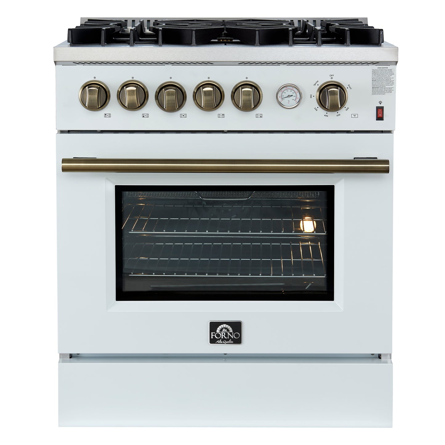Cocina a gas Giovanni de 30 pulgadas, diseño blanco y latón antiguo, 5 quemadores, 67,000 BTU, horno de convección de 4.32 pies cúbicos