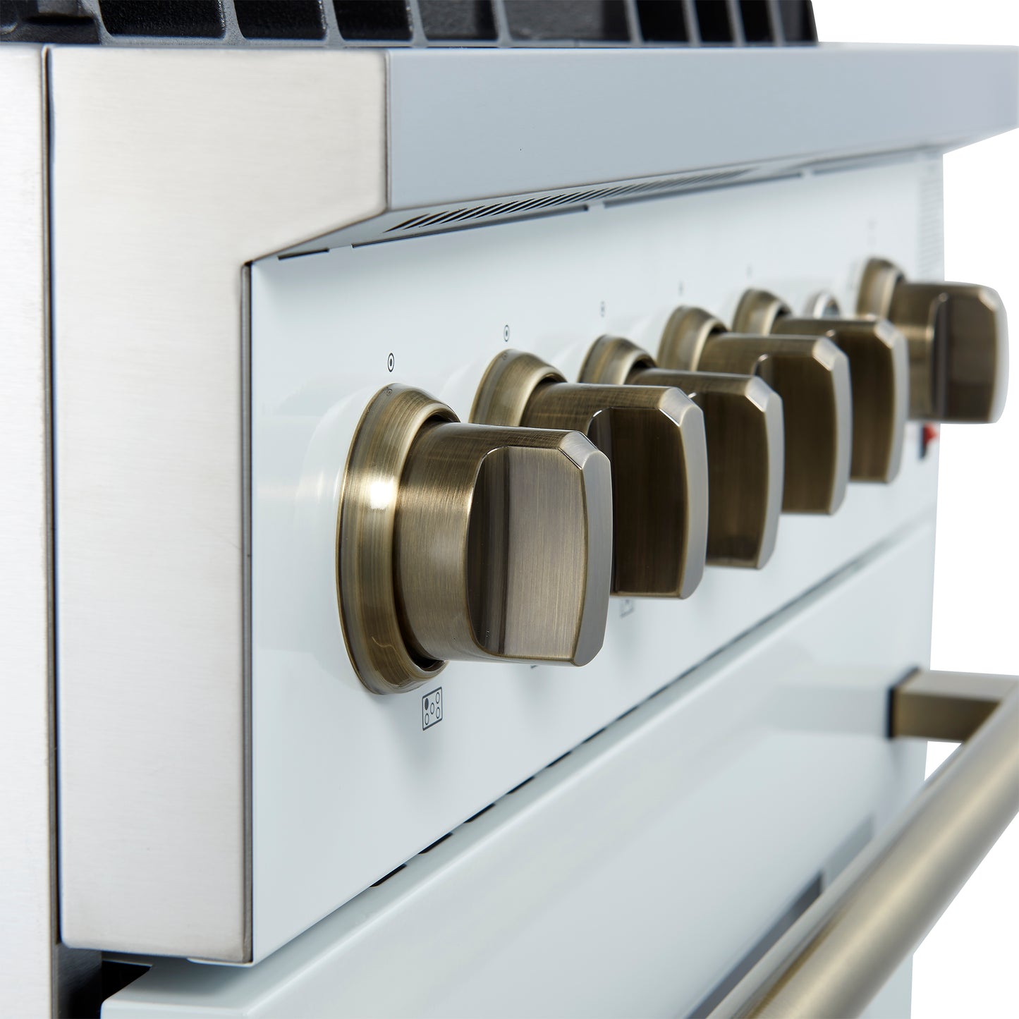 Cocina a gas Giovanni de 30 pulgadas, diseño blanco y latón antiguo, 5 quemadores, 67,000 BTU, horno de convección de 4.32 pies cúbicos