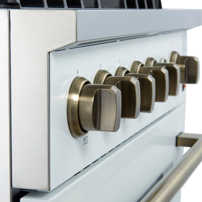 Cocina a gas Giovanni de 30 pulgadas, diseño blanco y latón antiguo, 5 quemadores, 67,000 BTU, horno de convección de 4.32 pies cúbicos