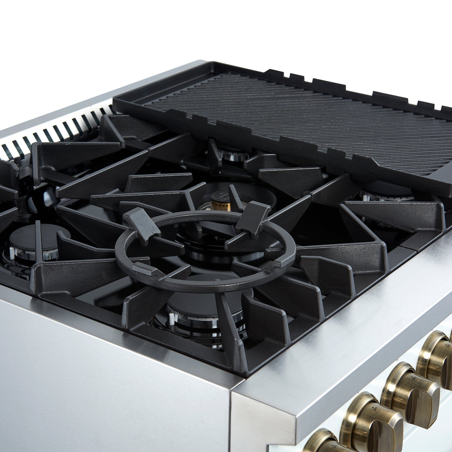 Cocina a gas Giovanni de 30 pulgadas, diseño blanco y latón antiguo, 5 quemadores, 67,000 BTU, horno de convección de 4.32 pies cúbicos