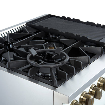 Cocina a gas Giovanni de 30 pulgadas, diseño blanco y latón antiguo, 5 quemadores, 67,000 BTU, horno de convección de 4.32 pies cúbicos