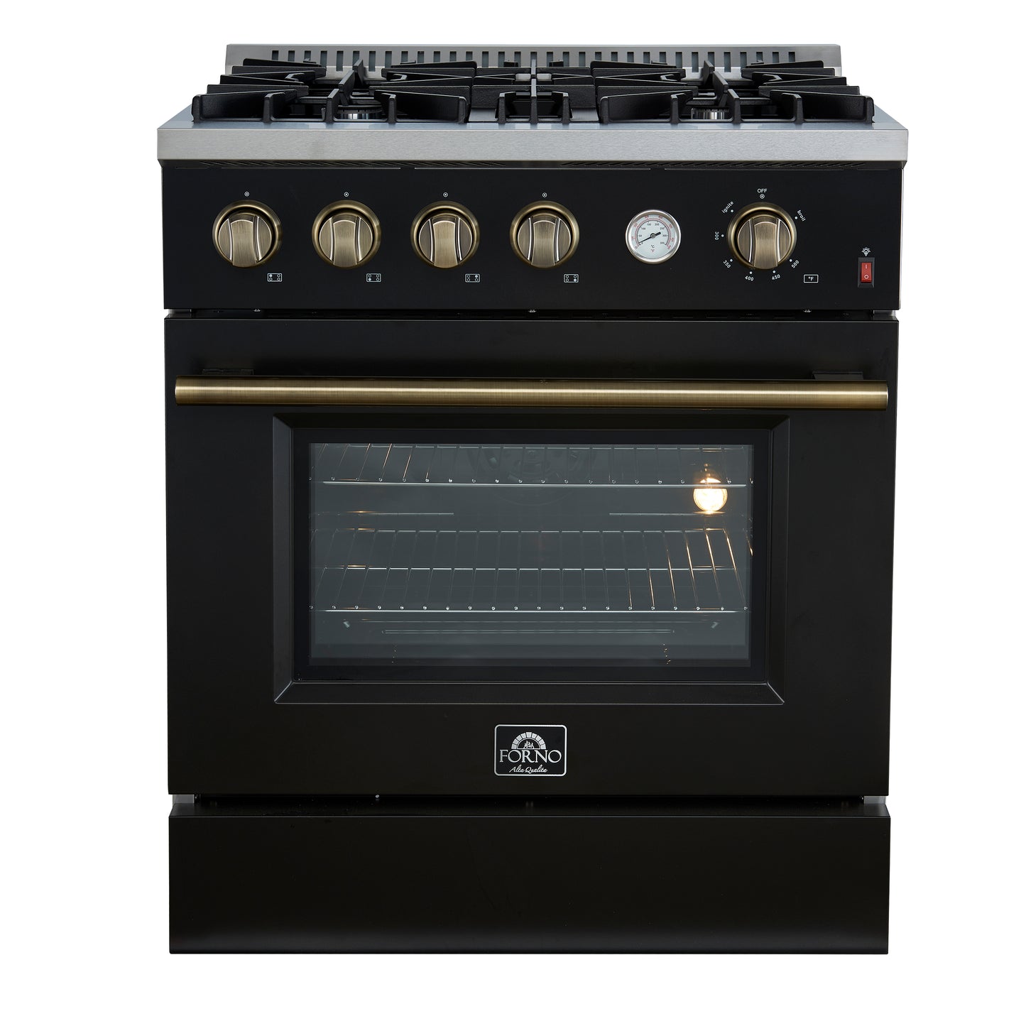 Cuisinière à gaz Marco de 30 pouces, design noir et laiton antique, 4 brûleurs, 37 000 BTU, four à convection de 4,32 pi³