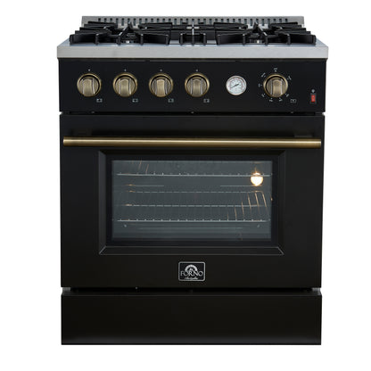 Cuisinière à gaz Marco de 30 pouces, design noir et laiton antique, 4 brûleurs, 37 000 BTU, four à convection de 4,32 pi³