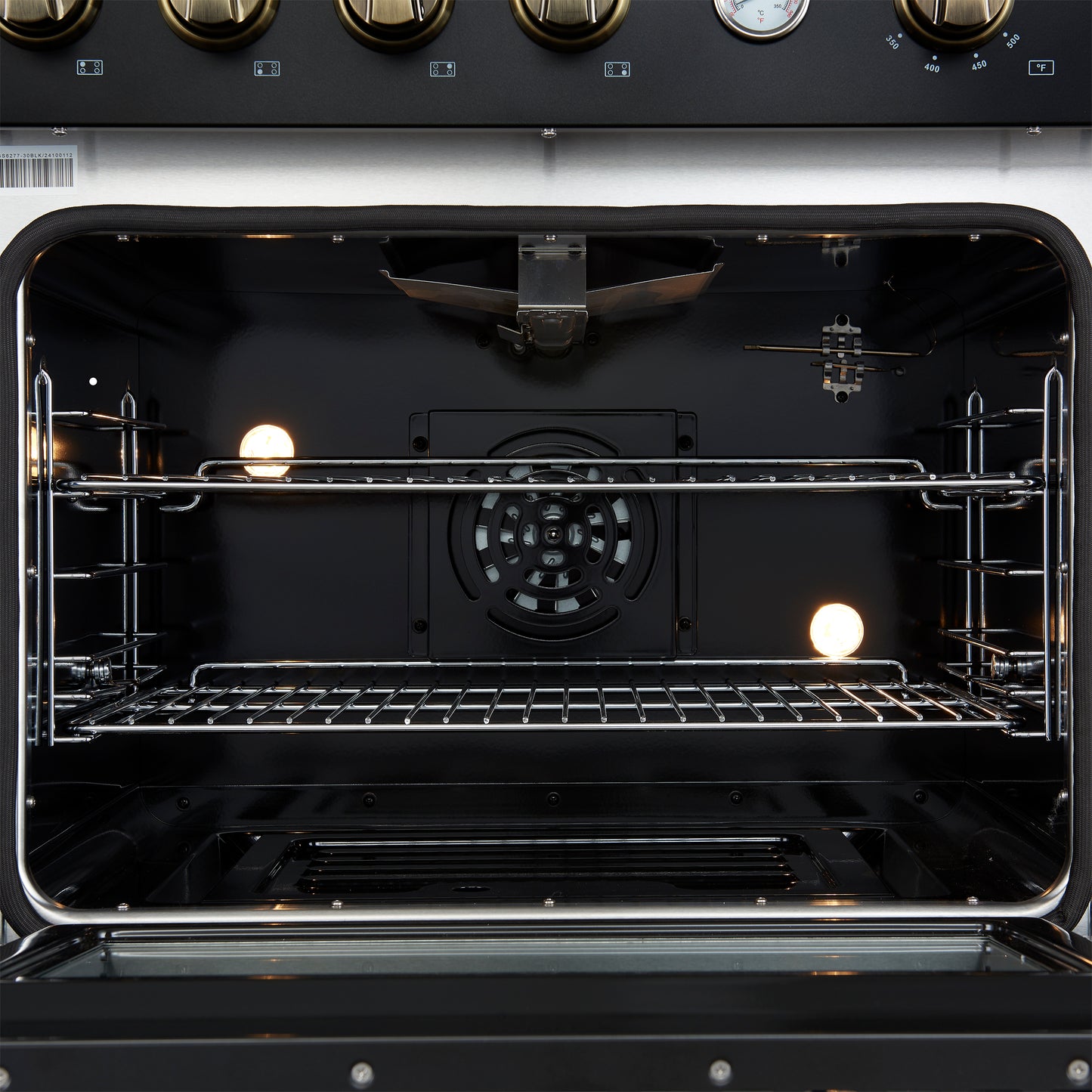 Cuisinière à gaz Marco de 30 pouces, design noir et laiton antique, 4 brûleurs, 37 000 BTU, four à convection de 4,32 pi³