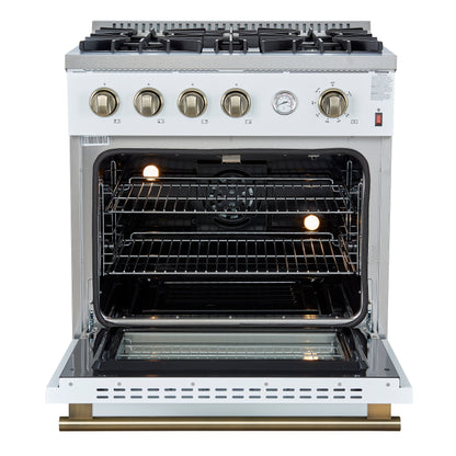 Cocina a gas Marco de 30 pulgadas con diseño en blanco y latón antiguo, 4 quemadores, 37,000 BTU, horno de convección de 4.32 pies cúbicos
