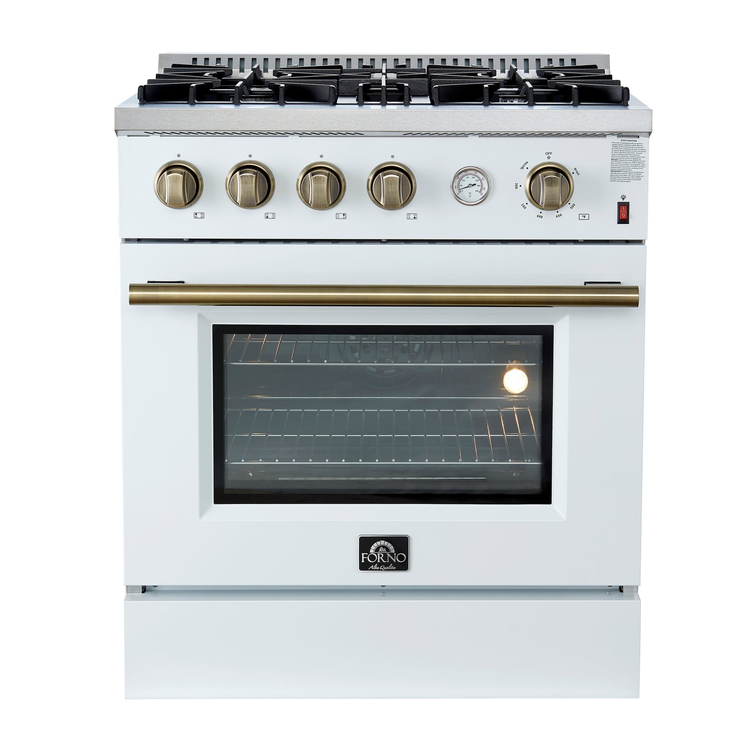 Cocina a gas Marco de 30 pulgadas con diseño en blanco y latón antiguo, 4 quemadores, 37,000 BTU, horno de convección de 4.32 pies cúbicos