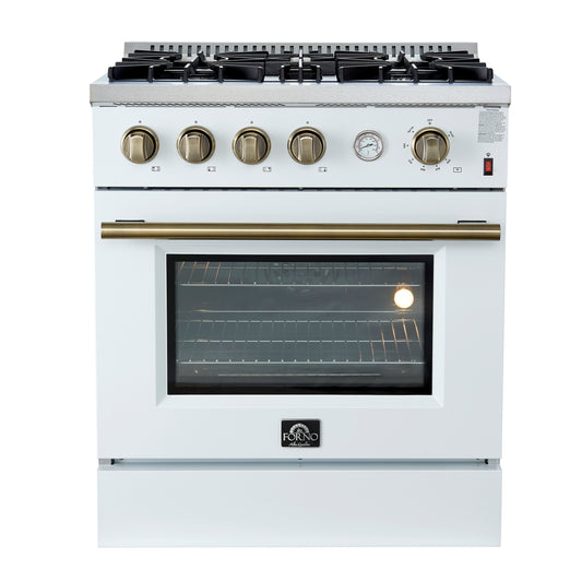Cocina a gas Marco de 30 pulgadas con diseño en blanco y latón antiguo, 4 quemadores, 37,000 BTU, horno de convección de 4.32 pies cúbicos