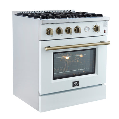 Cocina a gas Marco de 30 pulgadas con diseño en blanco y latón antiguo, 4 quemadores, 37,000 BTU, horno de convección de 4.32 pies cúbicos