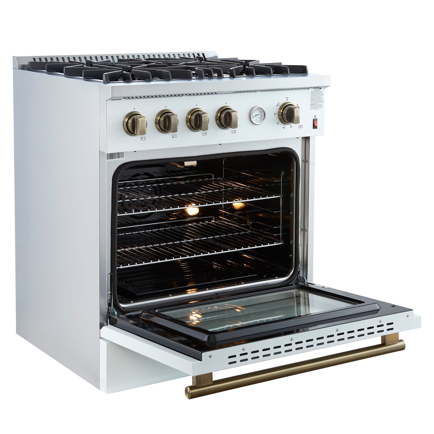 Cocina a gas Marco de 30 pulgadas con diseño en blanco y latón antiguo, 4 quemadores, 37,000 BTU, horno de convección de 4.32 pies cúbicos