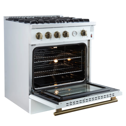 Cocina a gas Marco de 30 pulgadas con diseño en blanco y latón antiguo, 4 quemadores, 37,000 BTU, horno de convección de 4.32 pies cúbicos