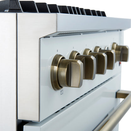 Cocina a gas Marco de 30 pulgadas con diseño en blanco y latón antiguo, 4 quemadores, 37,000 BTU, horno de convección de 4.32 pies cúbicos