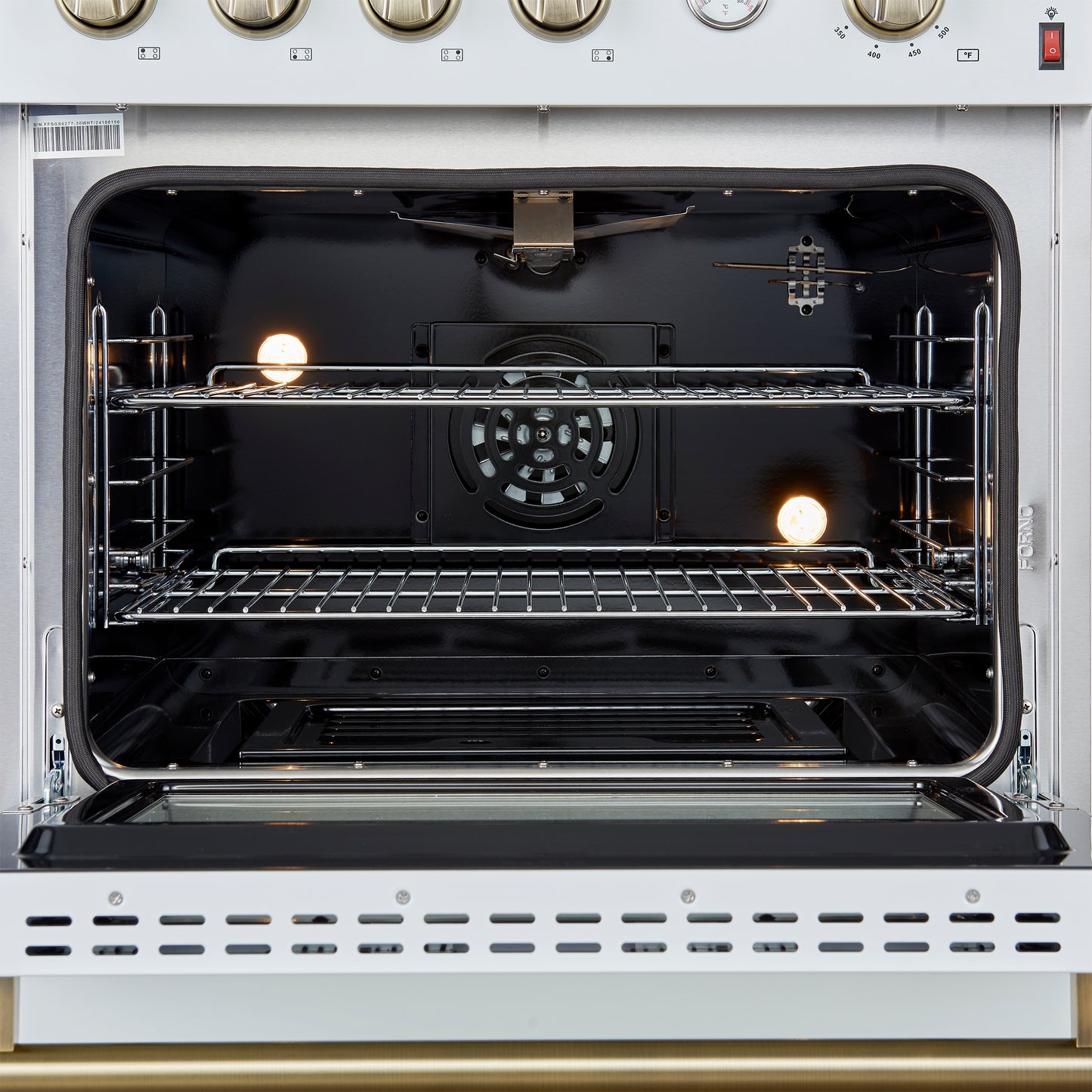 Cocina a gas Marco de 30 pulgadas con diseño en blanco y latón antiguo, 4 quemadores, 37,000 BTU, horno de convección de 4.32 pies cúbicos