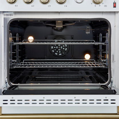 Cocina a gas Marco de 30 pulgadas con diseño en blanco y latón antiguo, 4 quemadores, 37,000 BTU, horno de convección de 4.32 pies cúbicos