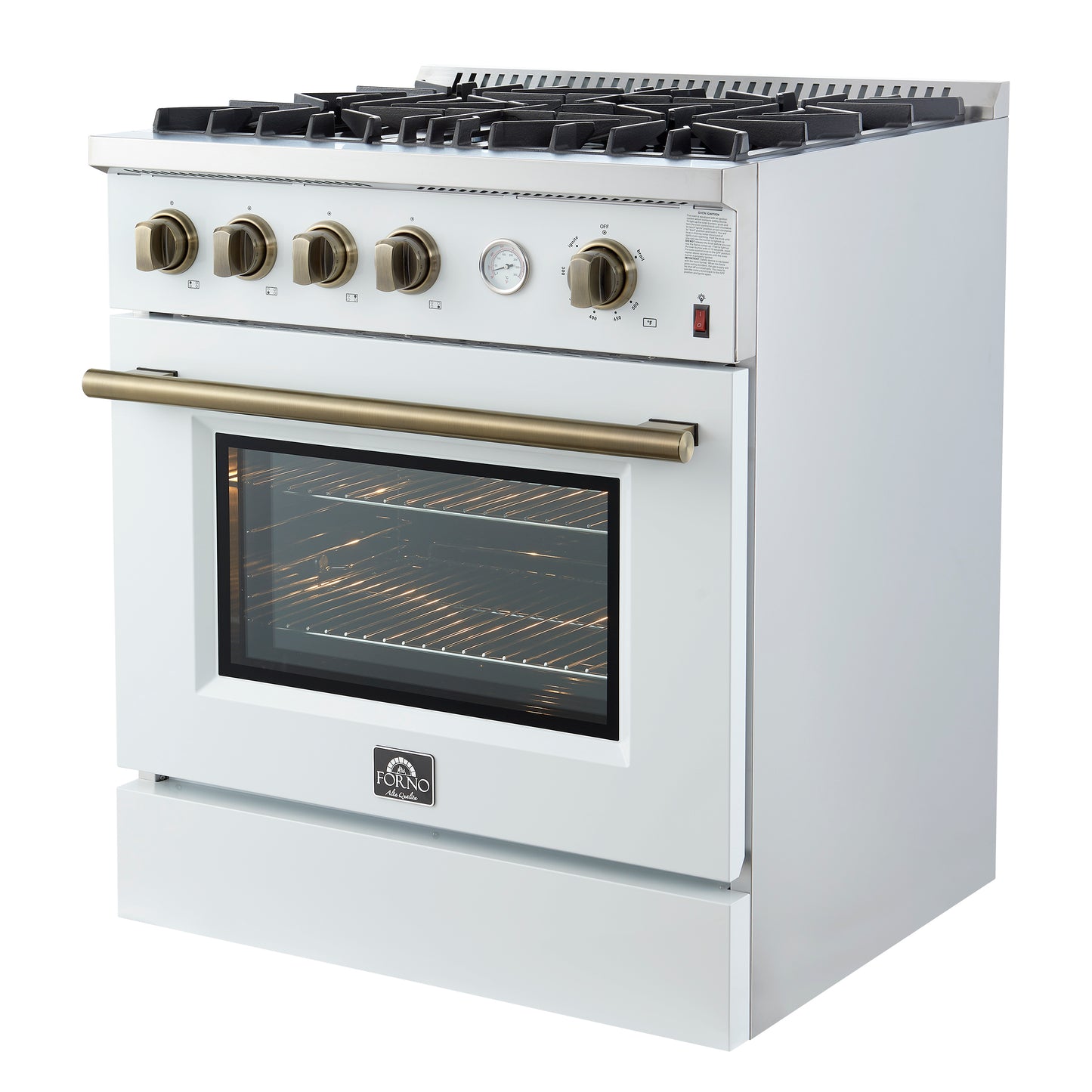 Cocina a gas Marco de 30 pulgadas con diseño en blanco y latón antiguo, 4 quemadores, 37,000 BTU, horno de convección de 4.32 pies cúbicos