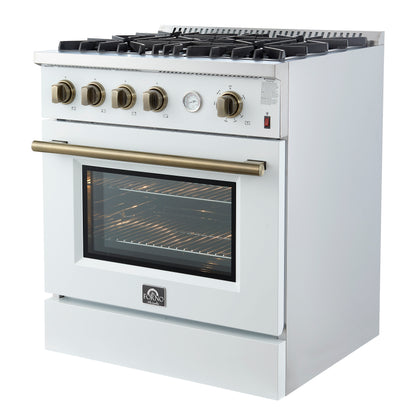Cocina a gas Marco de 30 pulgadas con diseño en blanco y latón antiguo, 4 quemadores, 37,000 BTU, horno de convección de 4.32 pies cúbicos
