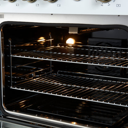 Cocina a gas Marco de 30 pulgadas con diseño en blanco y latón antiguo, 4 quemadores, 37,000 BTU, horno de convección de 4.32 pies cúbicos