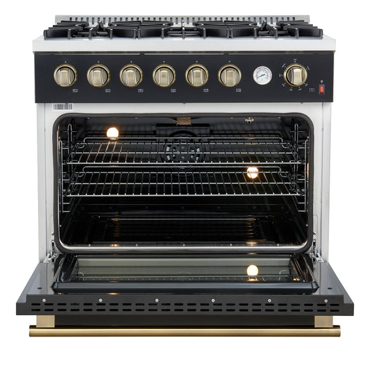 Cuisinière à gaz Marco de 36 pouces, design noir et laiton antique, 6 brûleurs, 67 000 BTU, four à convection de 5,36 pi³