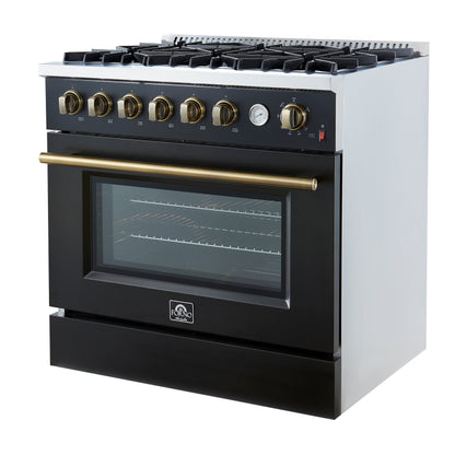 Cocina a gas Marco de 36 pulgadas con diseño en negro y latón antiguo, 6 quemadores, 67,000 BTU, horno de convección de 5.36 pies cúbicos