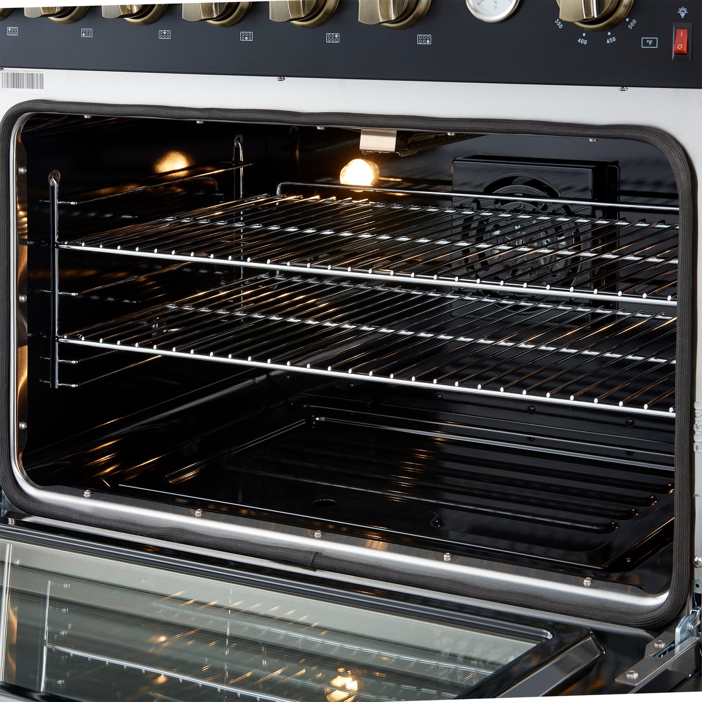 Cocina a gas Marco de 36 pulgadas con diseño en negro y latón antiguo, 6 quemadores, 67,000 BTU, horno de convección de 5.36 pies cúbicos