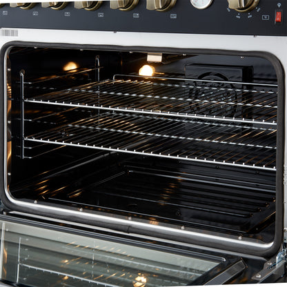 Cocina a gas Marco de 36 pulgadas con diseño en negro y latón antiguo, 6 quemadores, 67,000 BTU, horno de convección de 5.36 pies cúbicos