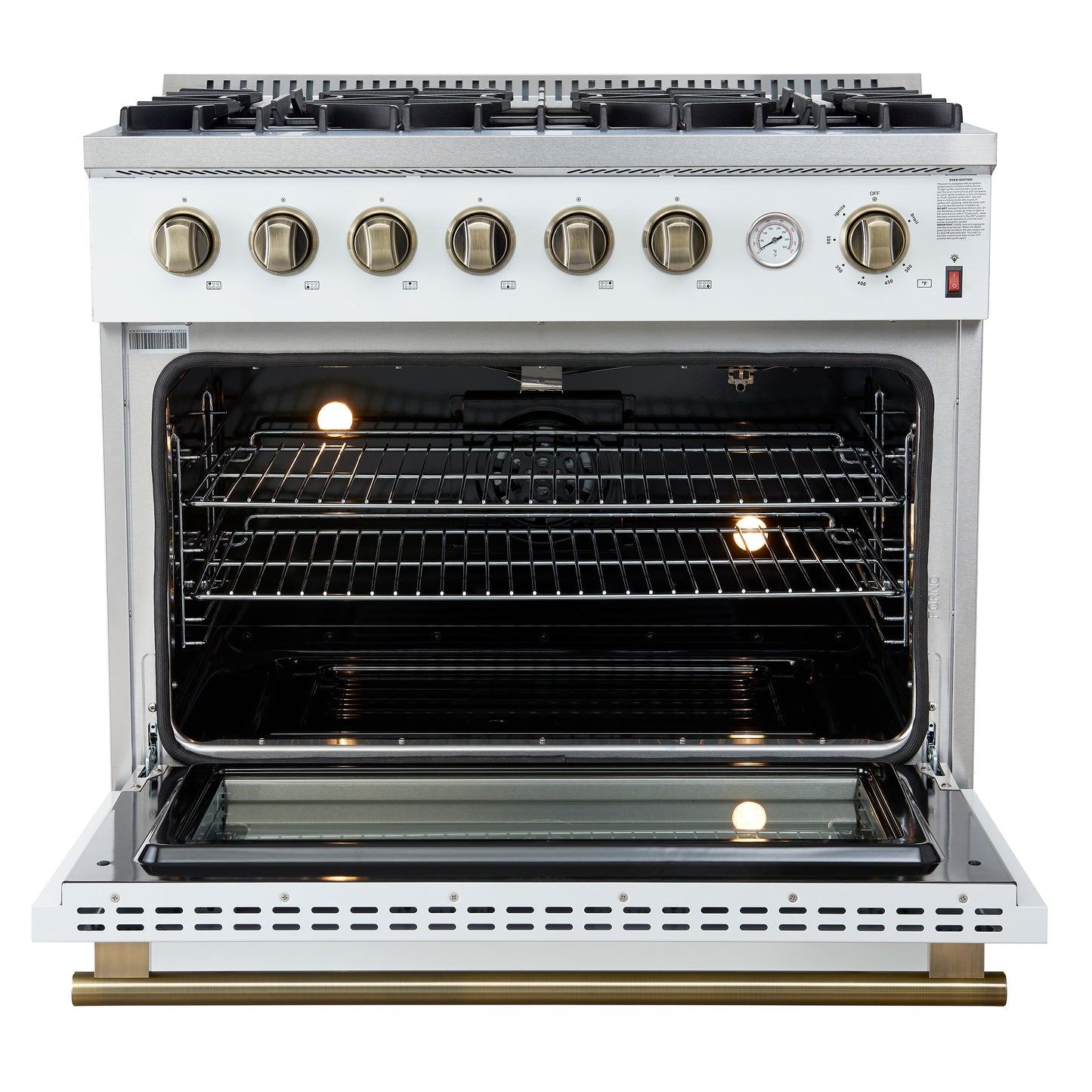 Cuisinière à gaz Marco de 36 pouces, design blanc et laiton antique, 6 brûleurs, 67 000 BTU, four à convection de 5,36 pi³