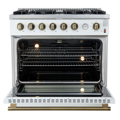 Cuisinière à gaz Marco de 36 pouces, design blanc et laiton antique, 6 brûleurs, 67 000 BTU, four à convection de 5,36 pi³
