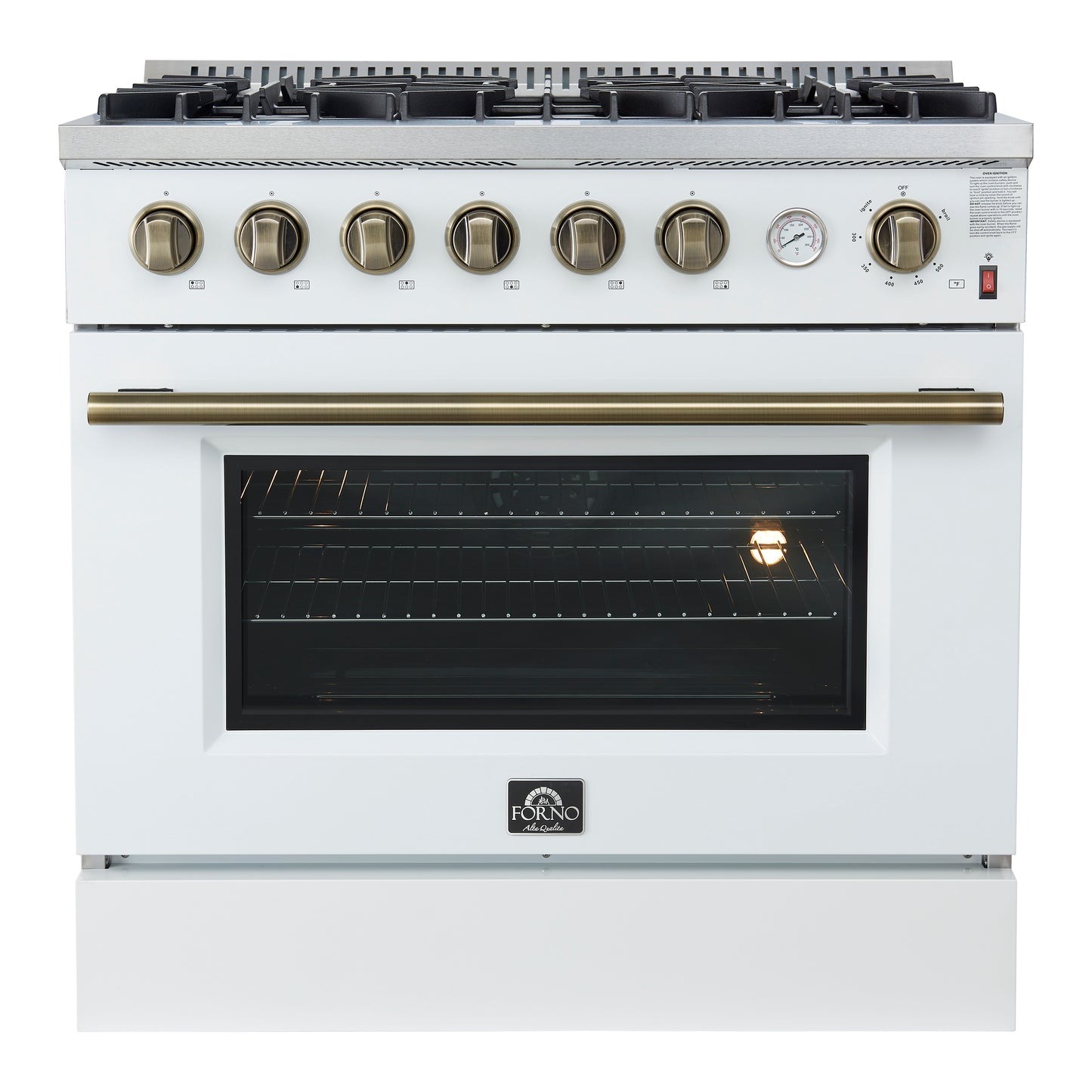 Cuisinière à gaz Marco de 36 pouces, design blanc et laiton antique, 6 brûleurs, 67 000 BTU, four à convection de 5,36 pi³