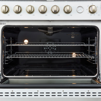 Cuisinière à gaz Marco de 36 pouces, design blanc et laiton antique, 6 brûleurs, 67 000 BTU, four à convection de 5,36 pi³