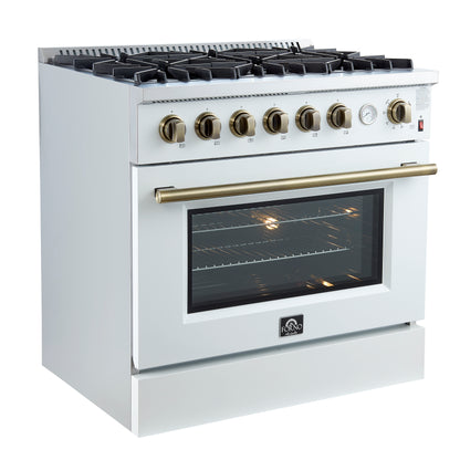 Cuisinière à gaz Marco de 36 pouces, design blanc et laiton antique, 6 brûleurs, 67 000 BTU, four à convection de 5,36 pi³