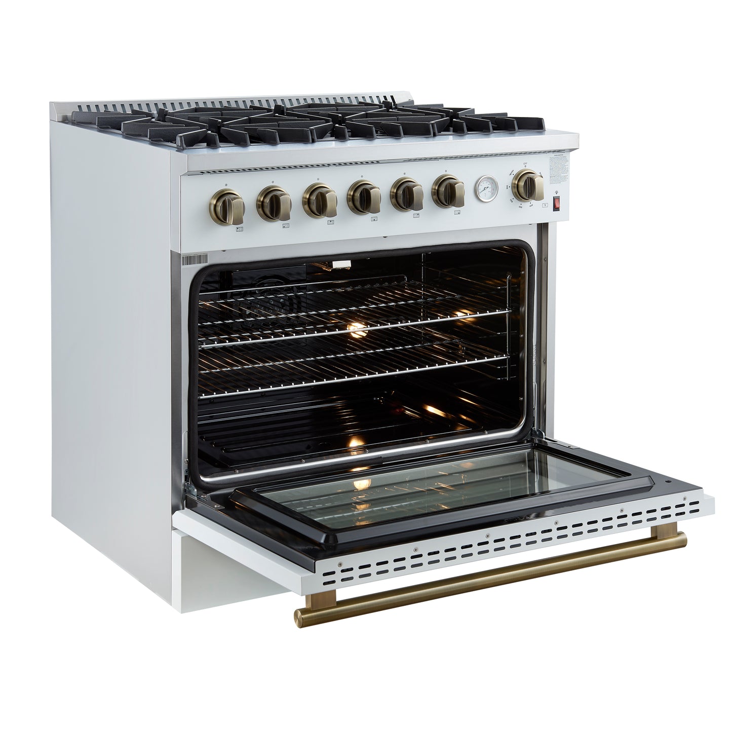 Cuisinière à gaz Marco de 36 pouces, design blanc et laiton antique, 6 brûleurs, 67 000 BTU, four à convection de 5,36 pi³